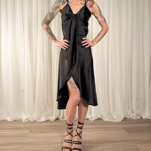 Skies Are Blue Black Satin Midi Dress XS Slip Cocktail Dress Minimal Chic
